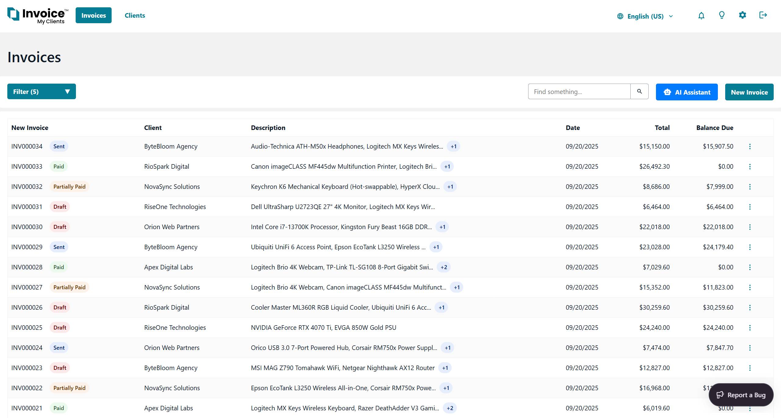 Invoice My Clients dashboard showing invoice list