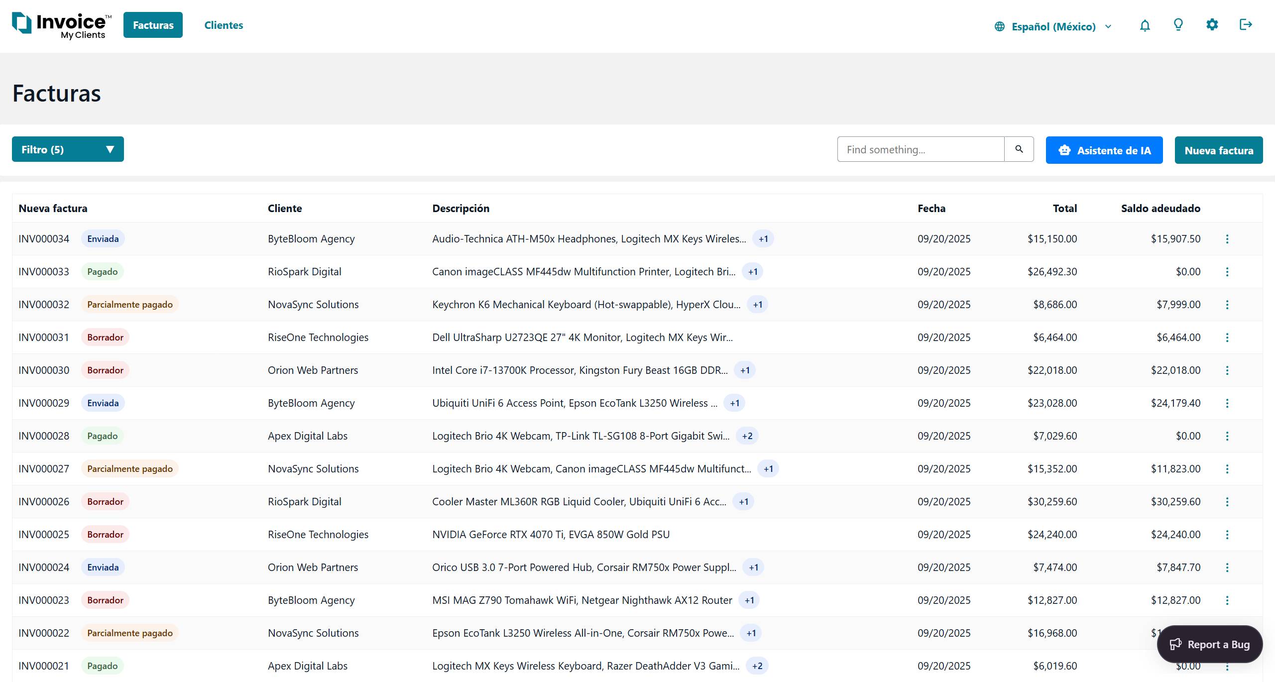 Invoice My Clients dashboard showing invoice list